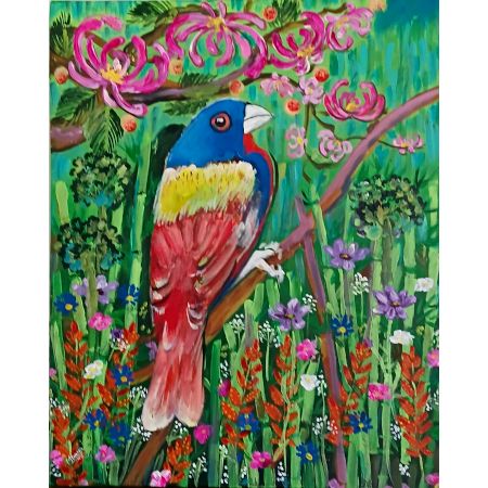 Canvas Painting of Painted Bunting in Bamboo Thicket by Artist Dr. Maya Subramoni 20 x 16 Inches